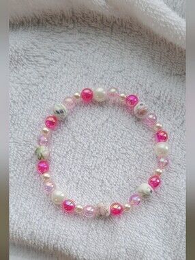 Pink Pearl & Floral Beaded Stretch Anklet. Handmade